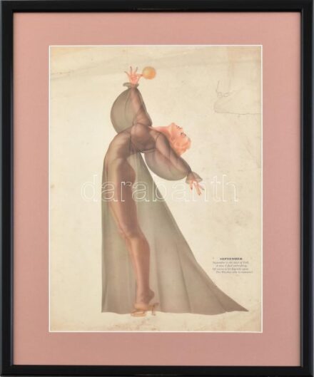 cca 1941 Alberto Vargas (1896-1982): Pin-up girl az Esquire amerikai magazinból, szeptemberi naptár lap. Ofszet nyomat, papír. Varoa Esq. jelzéssel a nyomaton. Foltos, sérült. Üvegezett fa keretben, 34×22,5 cm