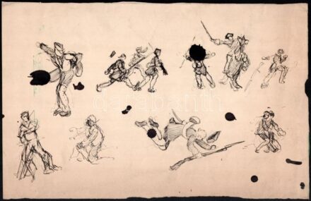 Kézdi-Kovács Elemér (1898-1976): Katonák (tanulmányok). Tus, papír, jelzés nélkül. Proveniencia: a művész hagyatéka. 20,5x32,5 cm