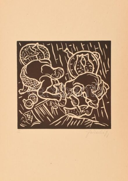 Farkasházy Miklós (1895-1964): Halászok. Linómetszet, papír, jelzett, 22x21 cm