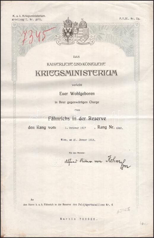 1917 Tartalékos zászlósi kinevezés szárazpecséttel 42x29 cm
