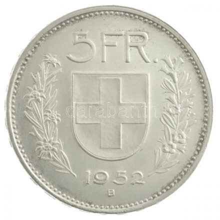 Svájc 1952B 5Fr Ag (14,97g) (A legritkább évszám!) T:1- / Switzerland 1952B 5 Francs Ag (14,97g) (Rarest year!) C:AU Krause KM#40