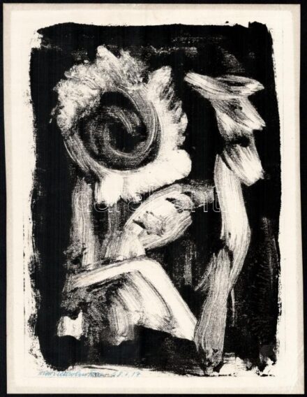 Szász Károly István (1909-1979): Napraforgó, 1968. Monotípia, papír, jelzett, hátoldalán autográf felirattal, 28×21 cm. Soós Imre (1921-2013) műgyűjtő, művészeti író, a Kisgrafika folyóirat szerkesztője, a Magyar Nemzeti