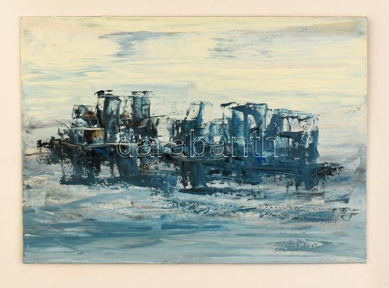 Horváth Iván (1935-): Kék kompozíció, 1973 körül. Vegyes technika, karton, jelzett, hátoldalán Horváth Iván autográf ajándékozási soraival Soós Imre részére 1973-ból, felső része papírra kasírozva, 12x17 cm. Soós Imre