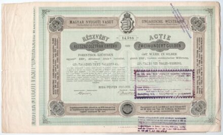 Buda-Pest 1871. 'Magyar Nyugoti Vasút' részvénye 200Ft-ról szelvényekkel, felülbélyegzésekkel T:III kis szakadások / Hungary / Buda-Pest 1871. 'Magyar Nyugoti Vasút (Hungarian Western Railway)' share about 200 Forint, with coupons and