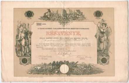 Csáki-Gorbó 1893. 'Csáki-Gorbói Takarékpénztár' részvénye 50Ft-ról szárazpecséttel, hátlapra felragasztott néhány szelvénnyel T:III kis szakadások / Hungary / Csáki-Gorbó 1893. 'Csáki-Gorbói Takarékpénztár (Savings Bank of