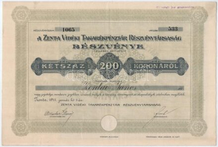 Zenta 1911. 'Zenta Vidéki Takarékpénztár Részvénytársaság' részvénye 200K-ról szárazpecséttel, bélyegzéssel, szelvényekkel T:II- / Hungary / Zenta 1911. 'Zenta Vidéki Takarékpénztár Részvénytársaság (Savings Bank Share