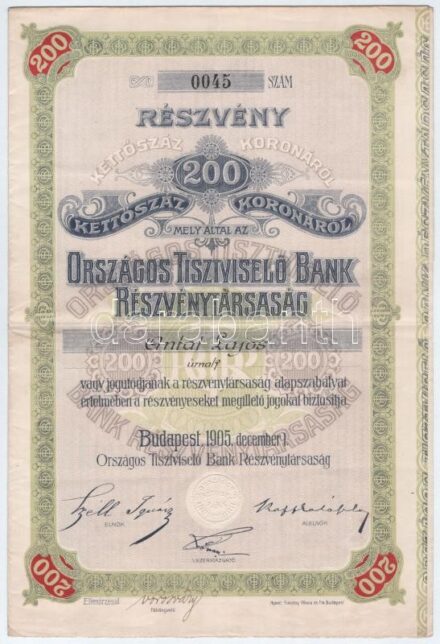 Budapest 1905. 'Országos Tisztviselői Bank Részvénytársaság' részvénye 200K-ról szelvényekkel, szárazpecséttel T:III / Hungary / Budapest 1905. 'Országos Tisztviselői Bank Részvénytársaság (National Officials Bank Share Company)'