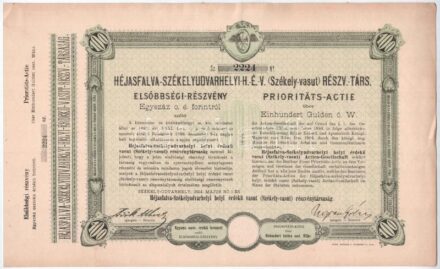 Székelyudvarhely 1894. 'Héjasfalva-Székelyudvarhelyi H.É.V. (Székely-vasút) Részvénytársaság' elsőbbségi részvénye 100Ft-ról, szelvényekkel, szárazpecséttel T:I- kis szakadás / Hungary / Székelyudvarhely (Odorheiu Secuiesc)