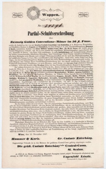 Ausztria / Bécs 1847. 'Hammer és Karis' részkötvény gróf Esterházy Kázmér számára 20G értékben, szárazpecséttel T:II kis lyukak / Austria / Vienna 1847. 'Hammer and Karis' partial debenture bond to Count Kasimir Esterházy about 20