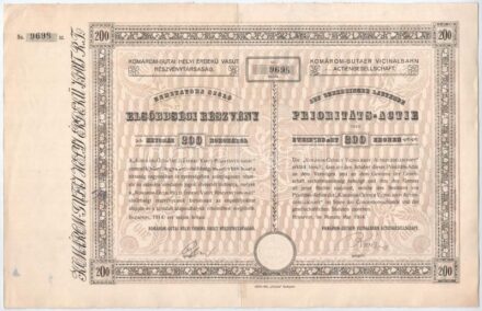 Budapest 1941. 'Komárom-Gutai Helyi Érdekű Vasut Részvénytársaság' elsőbbségi részvénye 200K-ról szárazpecséttel T: középen kettészakadva, de összeragasztva, egyébként szép állapotban, hátlapon tollrajz / Hungary / Budapest