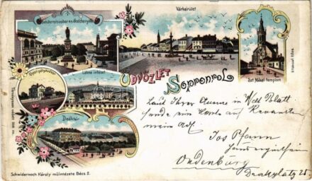 1898 (Vorläufer) Sopron, Várkerület, Győri pályaudvar, vasútállomás, Deák tér, Lähne intézet, Széchenyi szobor és tér. Karl Schwidernoch Art Nopuveau, floral, litho (fa)