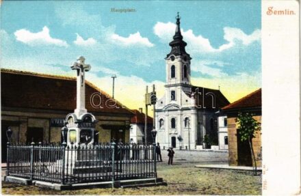 Zimony, Semlin, Zemun; Fő tér, templom, szobor, üzletek / church, statue, shops (EK)