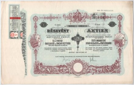 Budapest 1939. 'Első Magyar Gyapjúmosó és Finomposztógyár Részvénytársaság' 5db részvénye egyben, összesen 75P-ről, szelvényekkel, bélyegzésekkel T:II / Hungary 1939. 'Első Magyar Gyapjúmosó és Finomposztógyár
