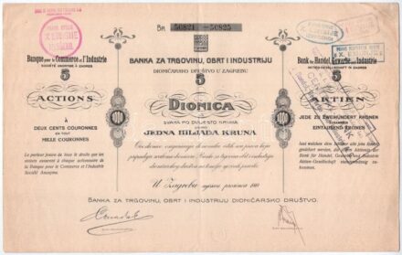 Szerb-Horvát-Szlovén Királyság / Zágráb 1919. 'Zágrábi Kereskedelmi, Kézműves és Ipari Bank Részvénytársaság' 5db részvénye egyben, összesen 1000K-ról, francia, horvát és német nyelven, szárazpecséttel, bélyegzésekkel