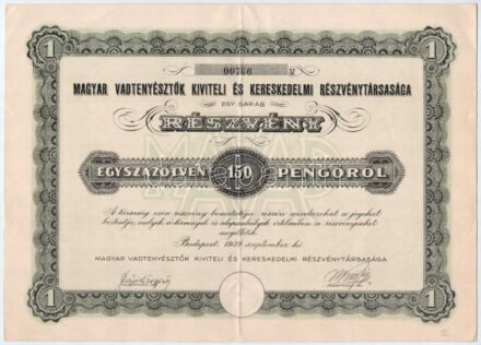Budapest 1939. 'Magyar Vadtenyésztők Kiviteli és Kereskedelmi Részvénytársasága' részvény 150P-ről, szelvényekkel és szárazpecséttel T:II- / Hungary / Budapest 1939. 'Magyar Vadtenyésztők Kiviteli és Kereskedelmi
