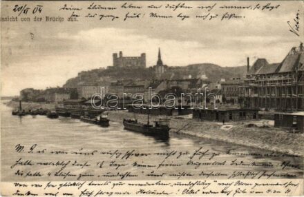 1904 Pozsony, Pressburg, Bratislava; rakpart építkezéssel / Ansicht von der Brücke aus / quay, construction (EB)