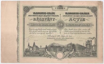 Budapest 1907. 'Vajdahunyad-Gyalári Helyi - Érdekű Vasút Részvénytársaság' részvénye 200K-ról szárazpecséttel T:II- kisebb szakadások, foltok / Hungary / Budapest 1907. 'Vajdahunyad-Gyalári Helyi - Érdekű Vasút