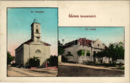 1917 Locsmánd, Lutzmannsburg; Evangélikus templom és iskola / Lutheran church and school / Ev. Kirche und Schule