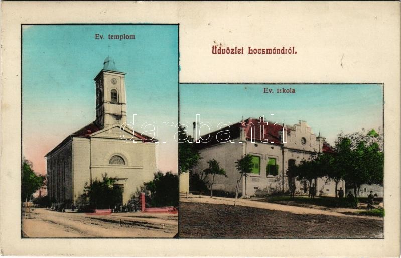 1917 Locsmánd, Lutzmannsburg; Evangélikus templom és iskola / Lutheran church and school / Ev. Kirche und Schule