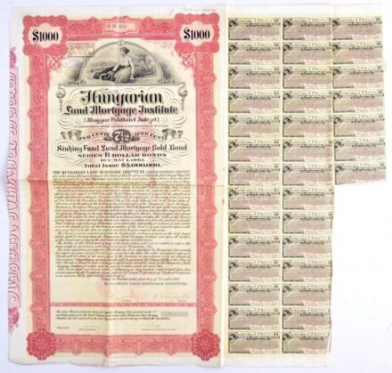Budapest 1927. 'Magyar Földhitel Intézet' 7 1/2% törlesztéses arany záloglevele 1000$-ról szárazpecséttel, szelvényekkel, bélyegzésekkel, angol és magyar nyelven T:III / Hungary / Budapest 1927. 'Hungarian Land Mortgage Institute' 7
