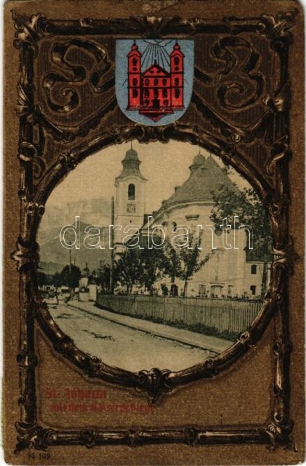 St. Johann in Tirol, Kaisergebirge / church. Art Nouveau, coat of arms, litho