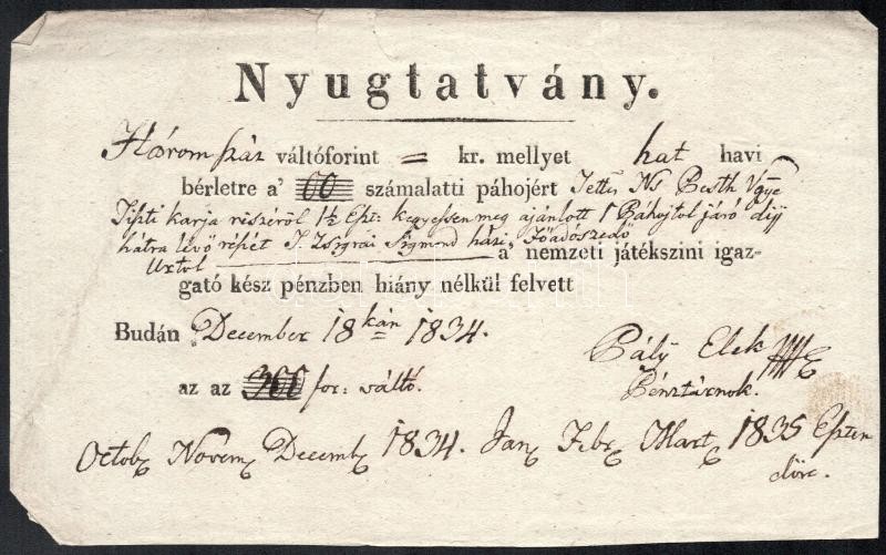 1833. A budai Nemzeti Színházban a pest megyei tisztviselők Ideális páholyának megváltására szolgáló összeg a megyei tisztviselők fizetését, valamint a levonást tartalmazó táblázata. A teljes összeg 300 forint volt, melyet