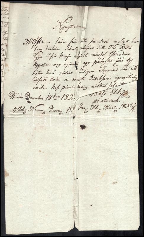 1833. A budai Nemzeti Színházban a pest megyei tisztviselők Ideális páholyának megváltására szolgáló összeg a megyei tisztviselők fizetését, valamint a levonást tartalmazó táblázata. A teljes összeg 300 forint volt, melyet - Image 2