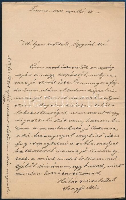 1888 Szegfi Mór Mihály (1825-1896) az 1848-as márciusi ifjak egyike, író, újságíró, zsidó szépíró autográf kondoleáló levele ügyvédjének. Egy beírt oldal