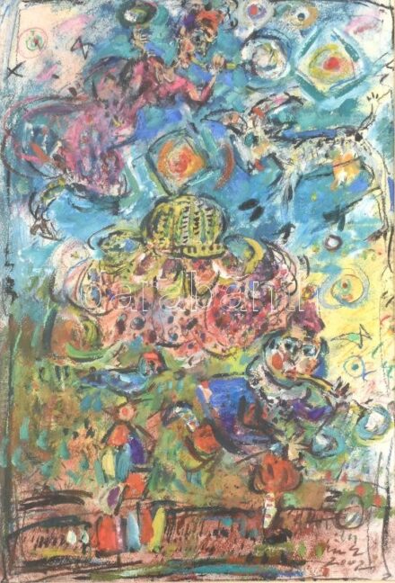 Tóth Ernő (1949- ): A nagy buborék. Vegyes technika, papír, jelzett. Üvegezett, kissé sérült fa keretben. Hátoldalán autográf felirattal. 70×50 cm