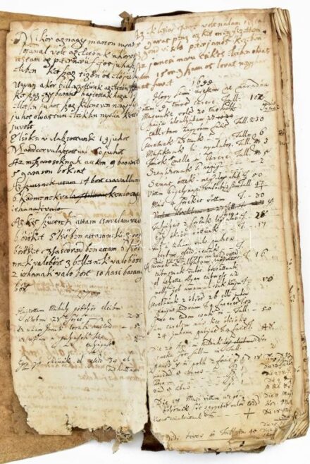 VÉDETT! / NO EXPORT cca 1680-1744 Gazdaság számadási könyve, a vett és kiadott jószágokról, gazdaságilag fontos eseményekről kb 200 kézzel, magyar nyelven beírt oldalon. Néhány lap sérült, Könyvtest elvált a korabeli bőr