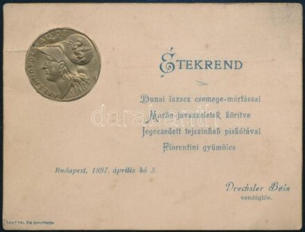 1897 Bp., Dreschler Béla vendéglős étekrend, dombornyomott kártya, sarkán törésnyom