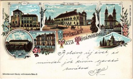 1898 (Vorläufer) Tatatóváros, Tata-Tóváros; vár, kastély, katolikus templom, remeteség, városház, Kegyesrendiek társháza. Schwidernoch Károly Art Nouveau, floral, litho