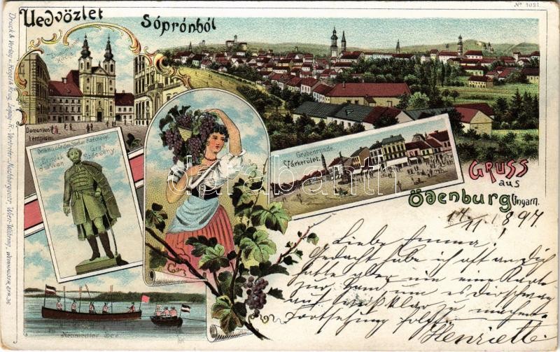 1897 (Vorläufer) Sopron, Ödenburg; Domonkos templom, Fertő tó, Várkerület, Széchenyi István szobor, Szőlős hölgy. Art Nouveau, floral, litho