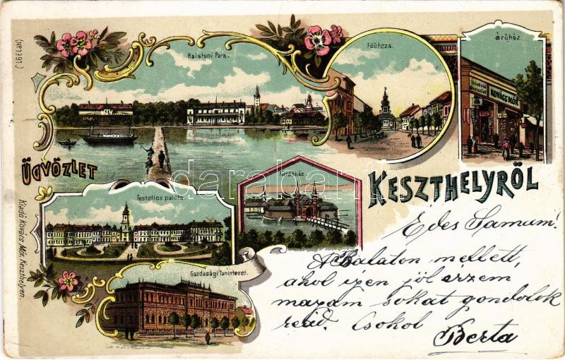 1899 (Vorläufer) Keszthely, Balatoni park, Fő utca, fürdőház, Festetics palota, Gazdasági tanintézet, Kovács Mór üzlete és saját kiadása. Art Nouveau, floral, litho (EK)