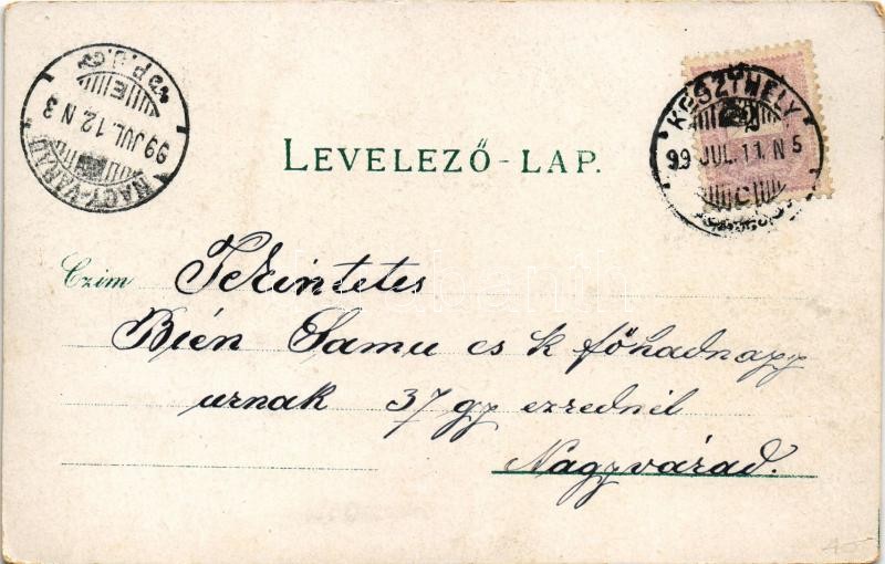 1899 (Vorläufer) Keszthely, Balatoni park, Fő utca, fürdőház, Festetics palota, Gazdasági tanintézet, Kovács Mór üzlete és saját kiadása. Art Nouveau, floral, litho (EK) - Image 2