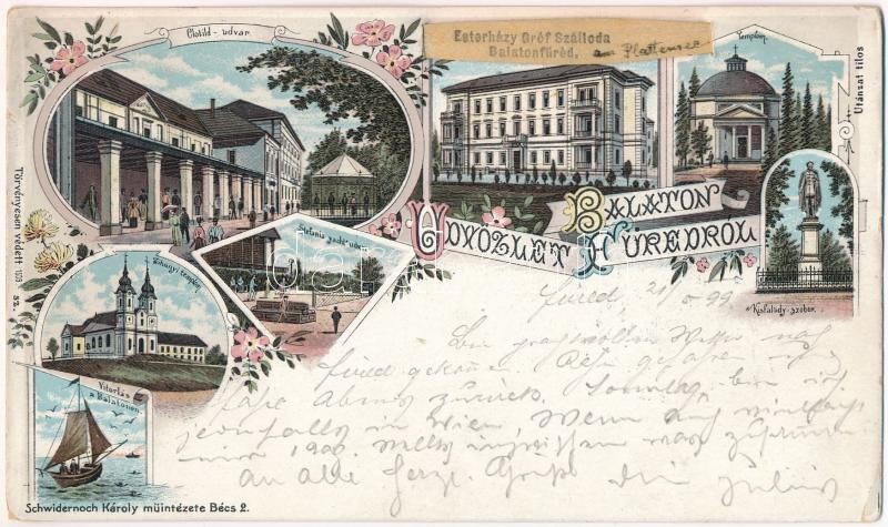 1899 (Vorläufer) Balatonfüred, Clotild-udvar, Stefánia yacht udvar, Ipoly udvar (Esterházy Gróf szálloda faék), templom, Kisfaludy szobor, Tihanyi templom, vitorlás a Balatonon. Schwidernoch Károly floral Art Nouveau litho (EK)