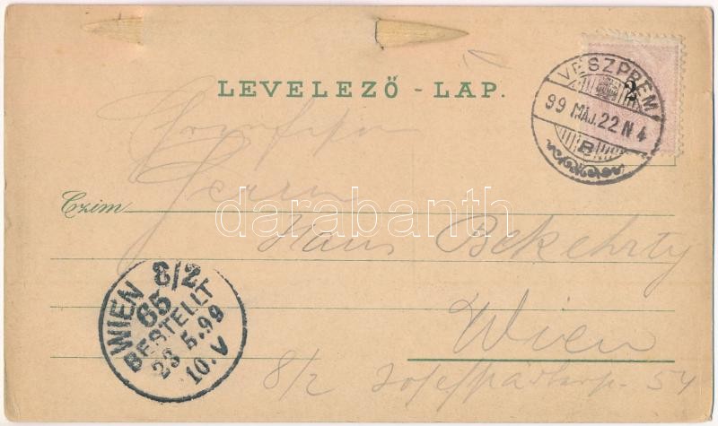 1899 (Vorläufer) Balatonfüred, Clotild-udvar, Stefánia yacht udvar, Ipoly udvar (Esterházy Gróf szálloda faék), templom, Kisfaludy szobor, Tihanyi templom, vitorlás a Balatonon. Schwidernoch Károly floral Art Nouveau litho (EK) - Image 2