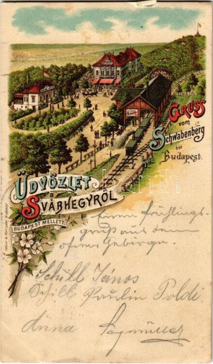 1899 (Vorläufer) Budapest XII. Svábhegy, Fogaskerekű vasút végállomása, vasútállomás, szálloda, Szakál László üzlete. Kellner & Mohlrüder Art Nouveau, floral, litho (szakadás / tear)