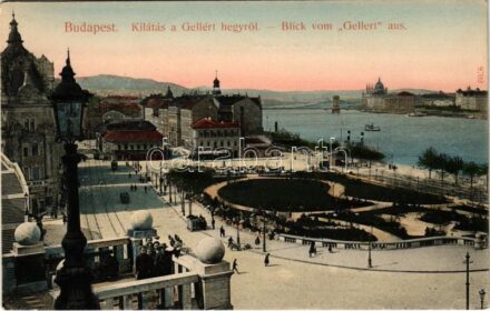 Budapest I. Kilátás a Gellérthegyről, Tabán, Döbrentei tér, Rácz fürdő, Stósz vendéglő, Keller Ignác üzlete, Czigler-féle sarok palota. Taussig Arth. 8702.