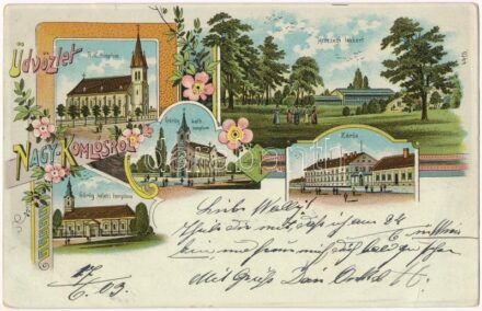 1908 Nagykomlós, Comlosu Mare; Kath. Kirche, Fürstl. Schlosspark, Griech. uneirte Kirche, Griech. orient. Kirche, Kloster / Római katolikus templom, San Marco kastély kertje, Görögkatolikus templom, Görögkeleti Ortodox templom,