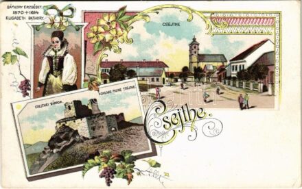 Csejte, Csejthe, Cachtice; Hrad Báthorovcov / Schloss Ruine / várrom, Báthory Erzsébet, utcakép, Fő tér, templom / castle ruins, street view, main square, church, Elisabeth Bathory. Art Nouveau, floral, litho (EK)