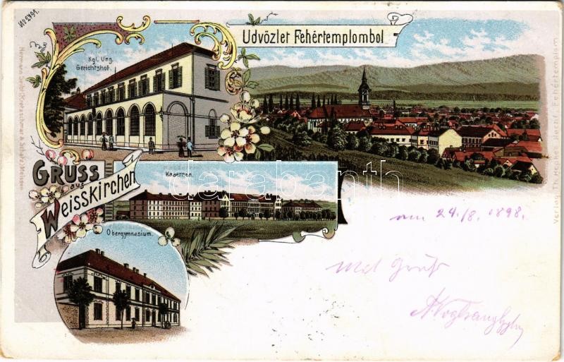 1898 (Vorläufer) Fehértemplom, Ung. Weisskirchen, Bela Crkva; Kgl. Ung. Gerichtshof, Kasernen, Obergymnasium / M. kir. Törvényszék, laktanya, kaszárnya, látkép, gimnázium. Th. Hepke utóda kiadása / court, K.u.K. military barracks,