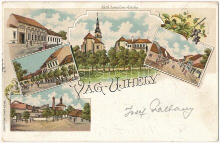 1899 (Vorläufer) Vágújhely, Neustadt an der Waag, Nové Mesto nad Váhom; Katolikus templom, utcaképek. Brück Samu kiadása / church, streets. Art Nouveau, floral, litho