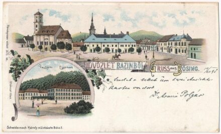 1898 (Vorläufer) Bazin, Bösing, Bözing, Pezinok; Fő tér, Vasfürdő, templom / Eisenbad / main square, church, spa. Schwidernoch Károly Art Nouveau, floral, litho