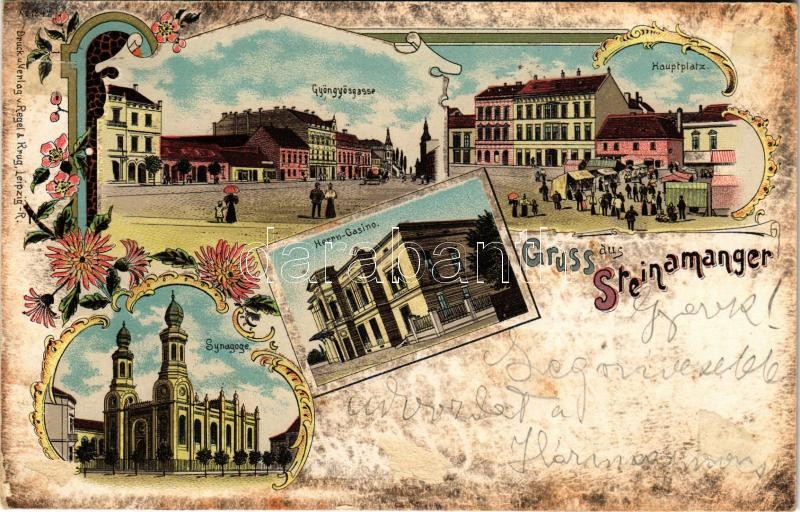 1898 (Vorläufer) Szombathely, Steinamanger; Gyöngyös utca, Zsinagóga, Úri Herrn kaszinó, Fő tér, piac. Regel & Krug Art Nouveau, floral, litho + 'SZOMBATHELY P.UDV. DÉLELŐTT' (felszíni sérülés / surface damage)