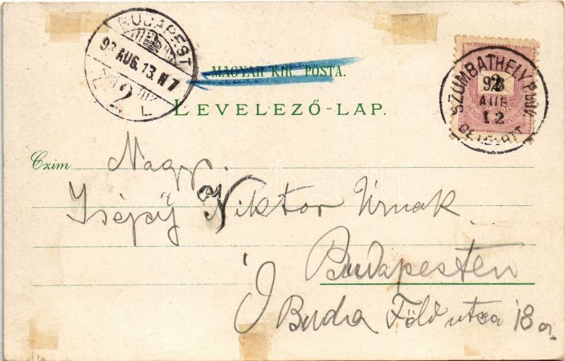 1898 (Vorläufer) Szombathely, Steinamanger; Gyöngyös utca, Zsinagóga, Úri Herrn kaszinó, Fő tér, piac. Regel & Krug Art Nouveau, floral, litho + 'SZOMBATHELY P.UDV. DÉLELŐTT' (felszíni sérülés / surface damage) - Image 2