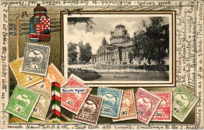 1905 Budapest XIII. Margitsziget. Magyar címeres és bélyeges díszes képeslap. Philatelie-Ansichtskarte litho (Rb)