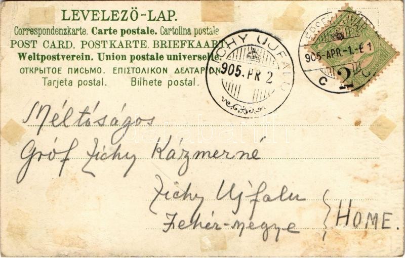 1905 Budapest XIII. Margitsziget. Magyar címeres és bélyeges díszes képeslap. Philatelie-Ansichtskarte litho (Rb) - Image 2