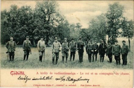 1900 Gödöllő, Ferenc József király és vadásztársasága. Utánzás tilos Ripka F. 'Gödöllő' c. művéből / Le roi et sa compagnie de chasse / Franz Joseph (Rb)