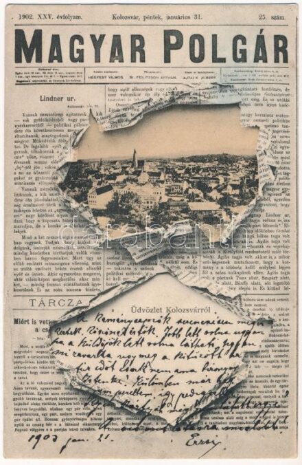 1903 Kolozsvár, Cluj; Magyar Polgár politikai napilap szecessziós montázs / Art Nouveau montage with political newspaper (Rb)